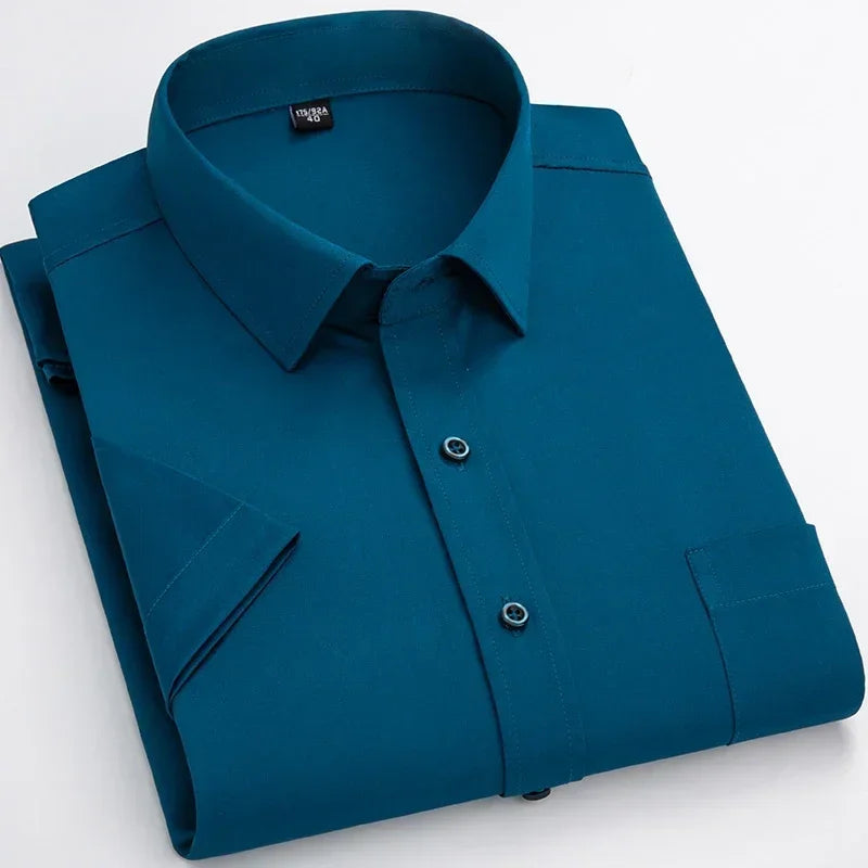 2025 Camisa de vestir antiarrugas elástica sin hierro para hombre, camisa de manga corta para hombre, Camisas sociales formales