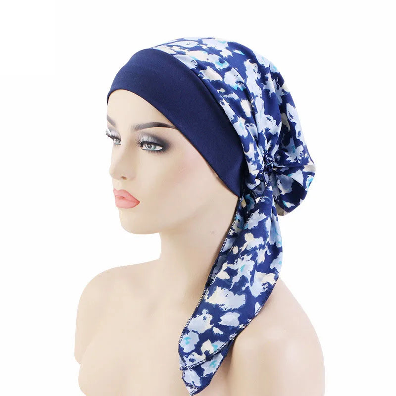Nuevo pañuelo para la cabeza con estampado satinado para mujer, turbante musulmán elástico preatado, gorro para dormir para quimioterapia, cubierta para la pérdida de cabello, pañuelo para la cabeza