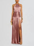 Vestido Largo Dorado Halter Plisado Sexy Club | Abertura Alta Sin Mangas Camisola
