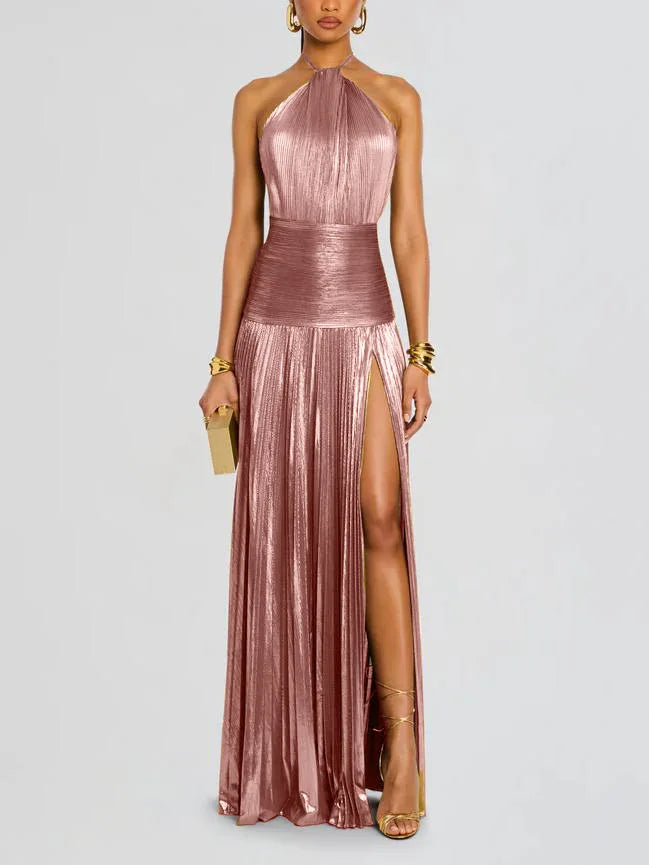 Vestido Largo Dorado Halter Plisado Sexy Club | Abertura Alta Sin Mangas Camisola