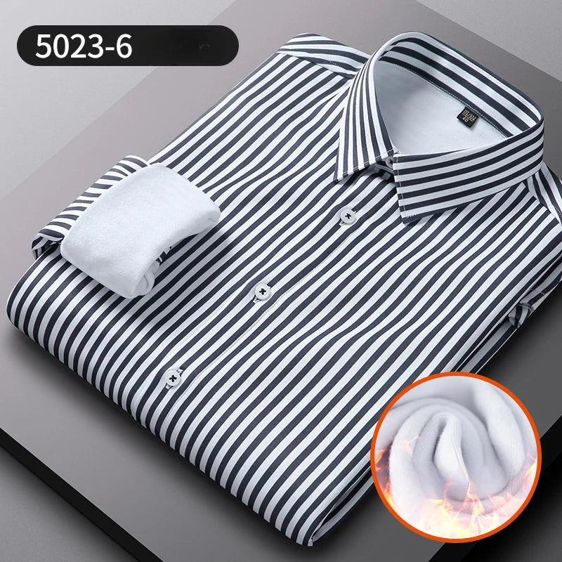 Camisa Rayas Terciopelo Hombre | Engrosada Cálida | Negocios Casual | Invierno S-4XL