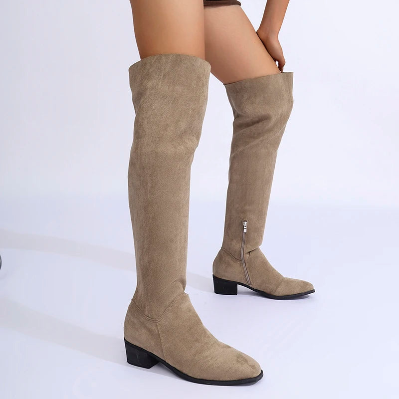 Botas Altas Sobre La Rodilla Tacón Grueso Moda Elegancia Tica