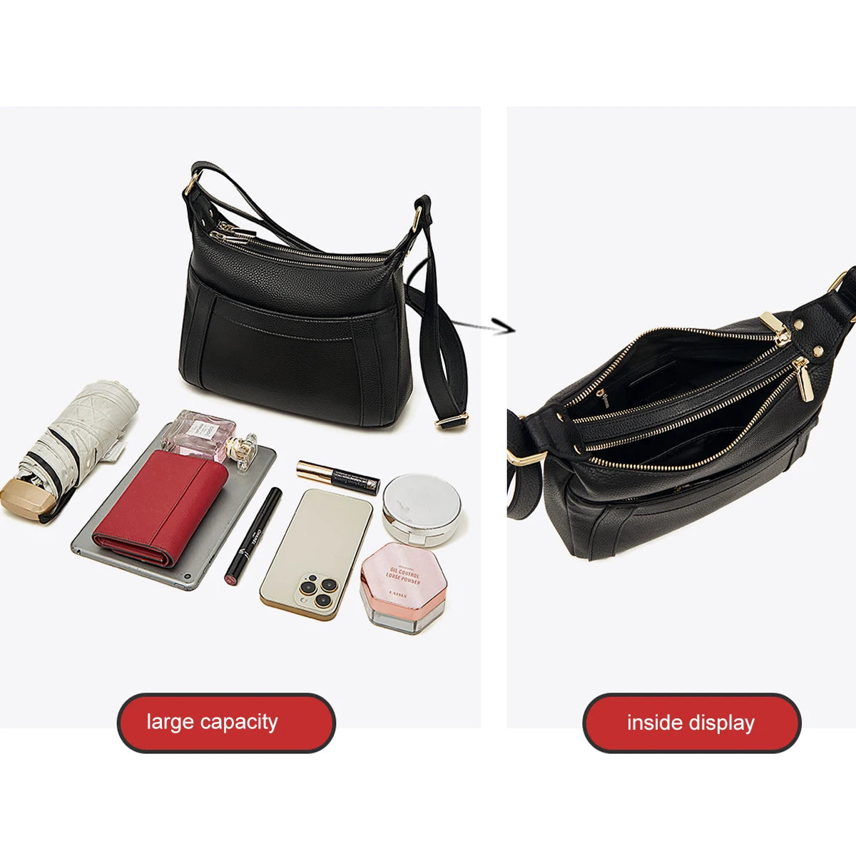 LAORENTOU bolso de hombro de cuero genuino para mujer 2025 nuevo bolso cruzado de cuero suave de gran capacidad a la moda para mamá