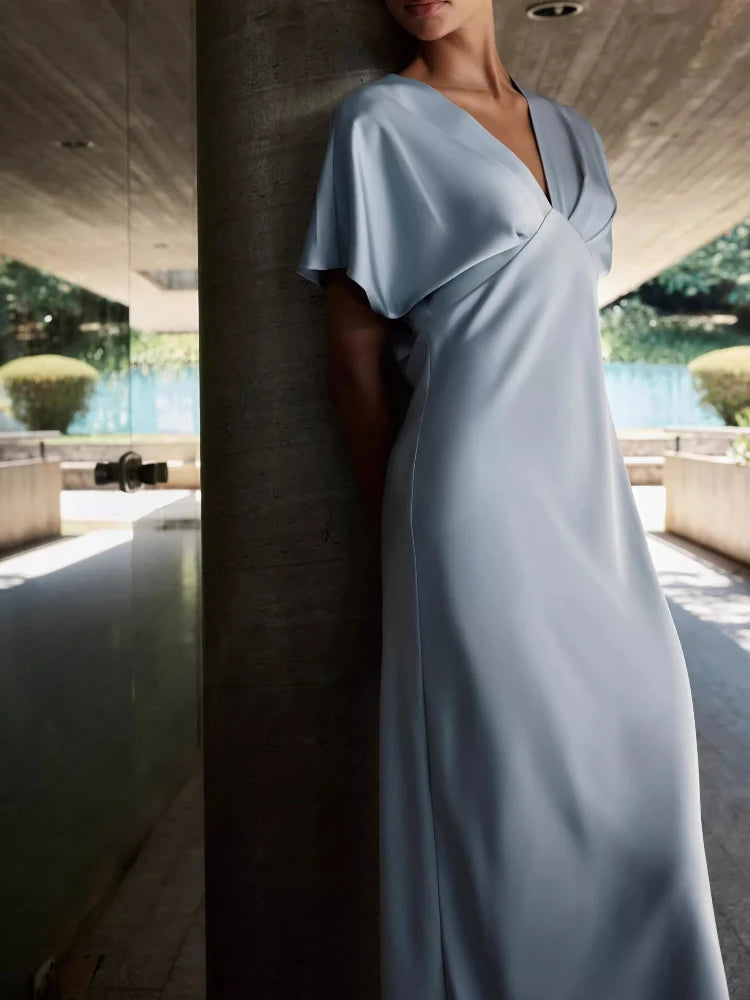 Vestido largo de satén plisado para mujer, estilo vintage francés