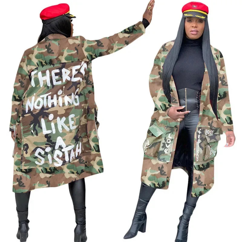 Gabardina de camuflaje para mujer, ropa de talla grande, abrigo con estampado de letras, ropa de calle, Top corto de estilo largo, venta al por mayor, envío directo, 2020