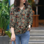 ZANZEA Blusas de algodón con estampado Floral de talla grande para mujer, blusas de manga 3/4 con cuello en V, Top de corte alto-bajo, Blusas informales para primavera y verano, 5XL