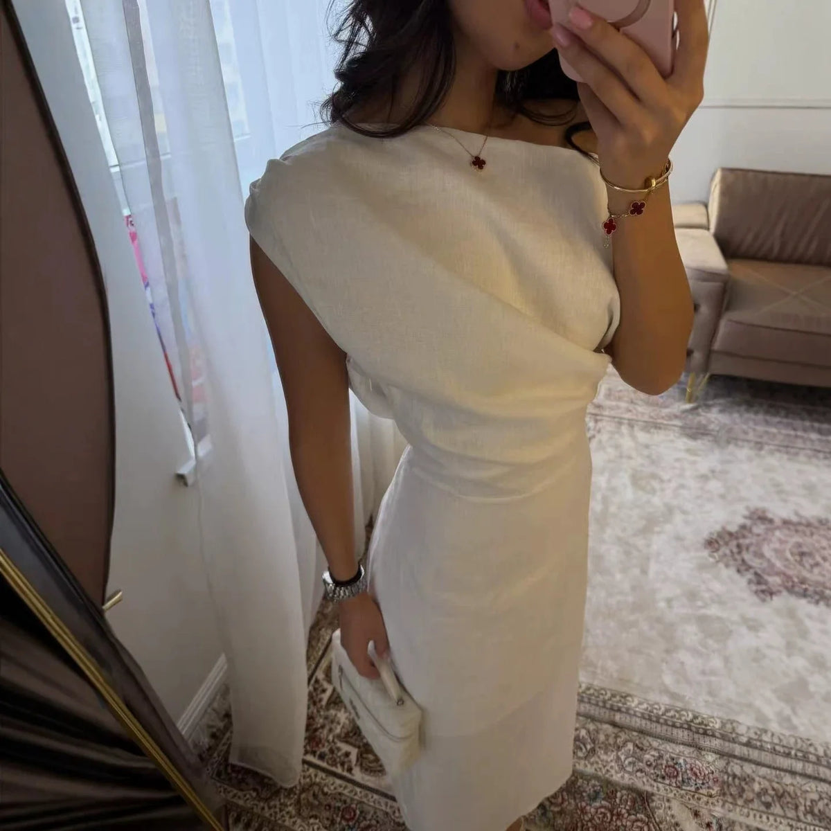 Vestido de Lino y Algodón Un Hombro para Fiesta