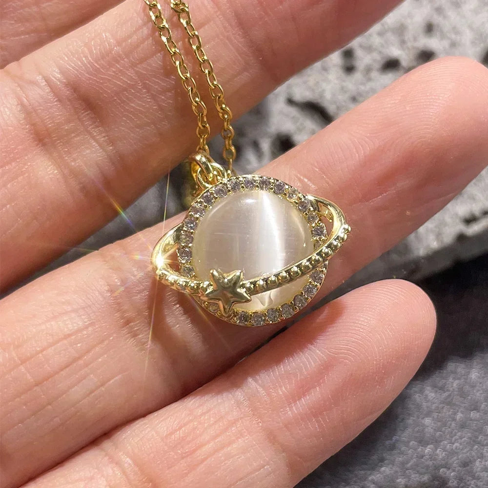 Collares de Planeta de piedra lunar de circón de acero inoxidable para mujeres y niñas, Color dorado, joyería de moda, regalos, accesorios para amigos