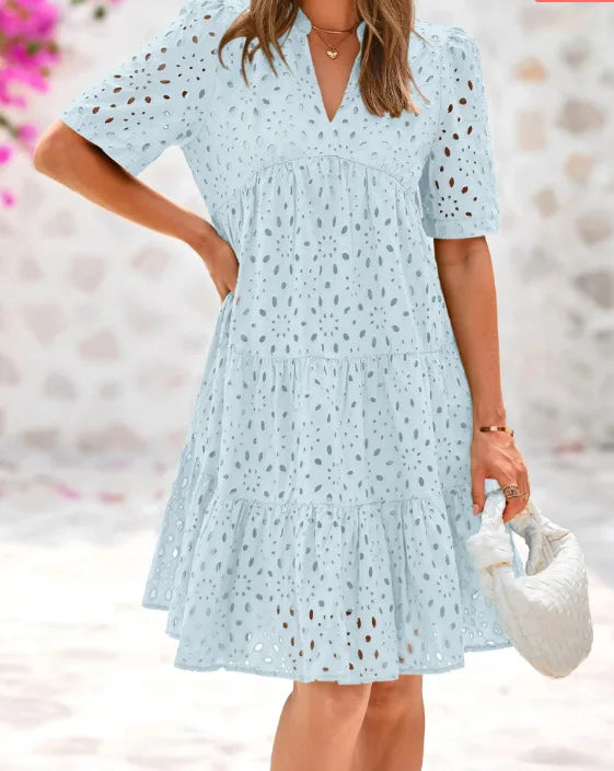 Vestido Bohemio Escote en V con Encaje y Volantes