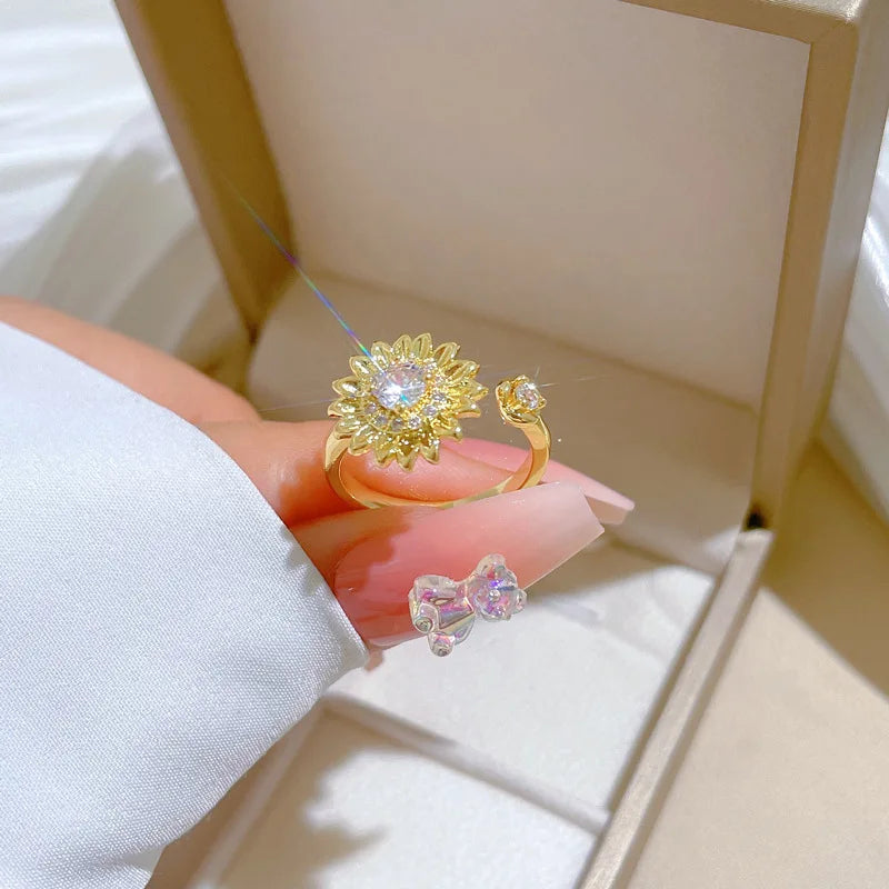 Anillo de girasol de circón chapado en oro de 18 quilates para mujer, anillo de cobre ajustable que se puede abrir, accesorios de joyería, regalos para amigos
