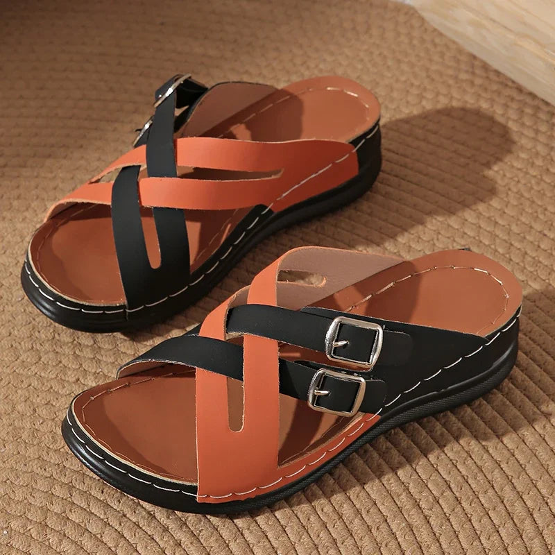 Zapatillas de Cuña con Tiras Cruzadas | Colores Combinados | Suela Suave Antideslizante | Talla 43