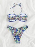 Bikini con Estampado Floral, Halter Ahumado y Parte Inferior de Tiro Alto