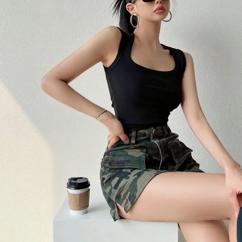 Falda de Mezclilla Camuflaje | Cintura Alta | Estilo Americano Retro