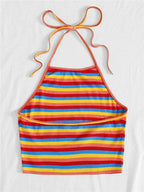 Top Halter a rayas de punto acanalado de arcoíris para mujer, ropa Sexy de verano Y2K, moda coreana, Top corto sin mangas con espalda descubierta, ropa de calle 2023