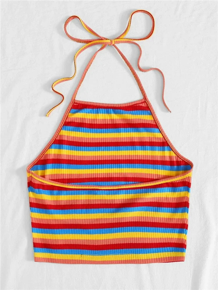 Top Halter a rayas de punto acanalado de arcoíris para mujer, ropa Sexy de verano Y2K, moda coreana, Top corto sin mangas con espalda descubierta, ropa de calle 2023