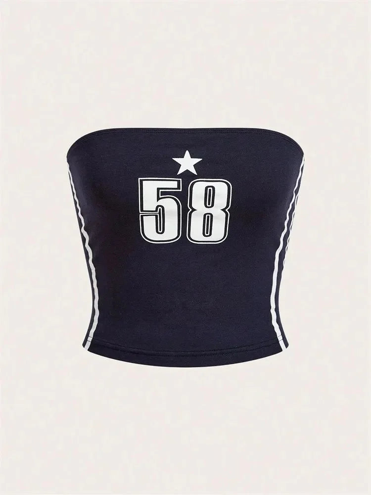 Top de tubo con estampado de letras y estrellas para mujer, ropa Y2k de verano con hombros descubiertos, Top corto sin espalda, ropa de calle