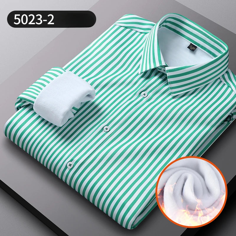 Camisa Rayas Terciopelo Hombre | Engrosada Cálida | Negocios Casual | Invierno S-4XL
