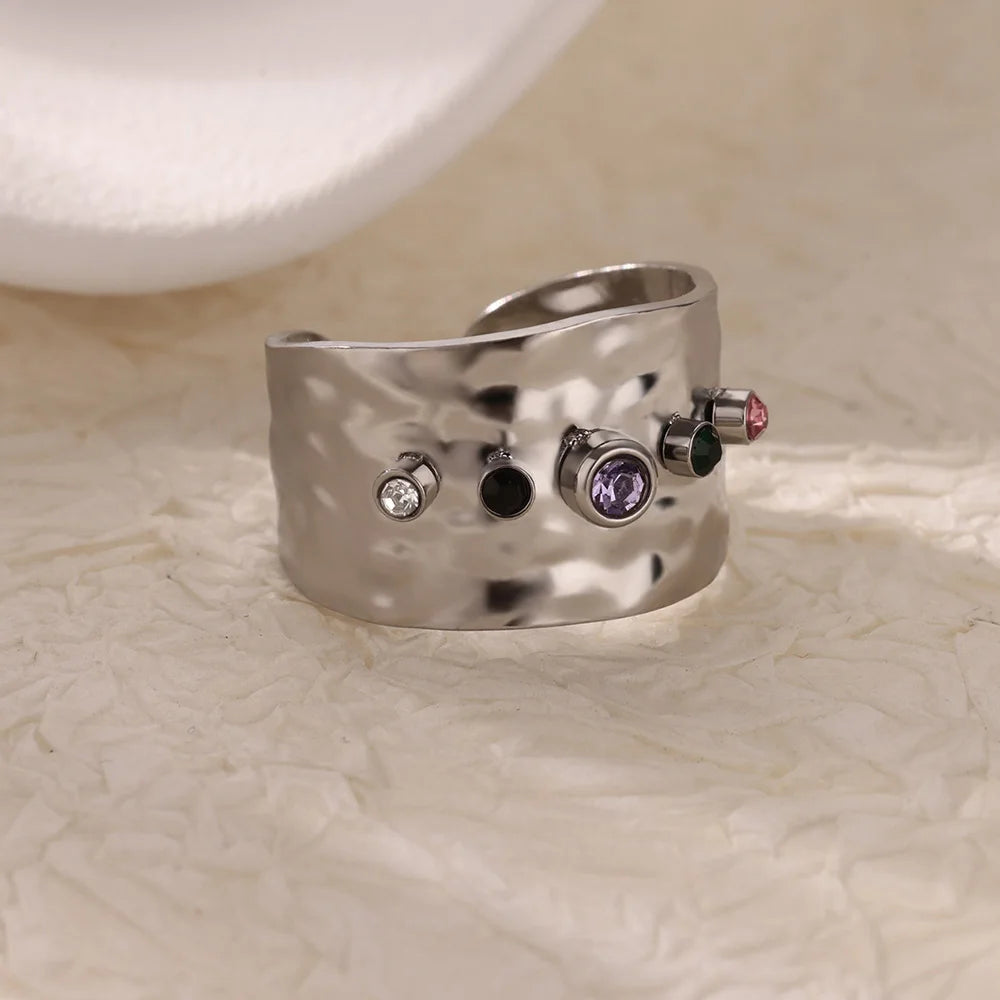 Anillo Ticotrendy Geométrico | Multicapa Circón | Grueso Acero Inox Oro