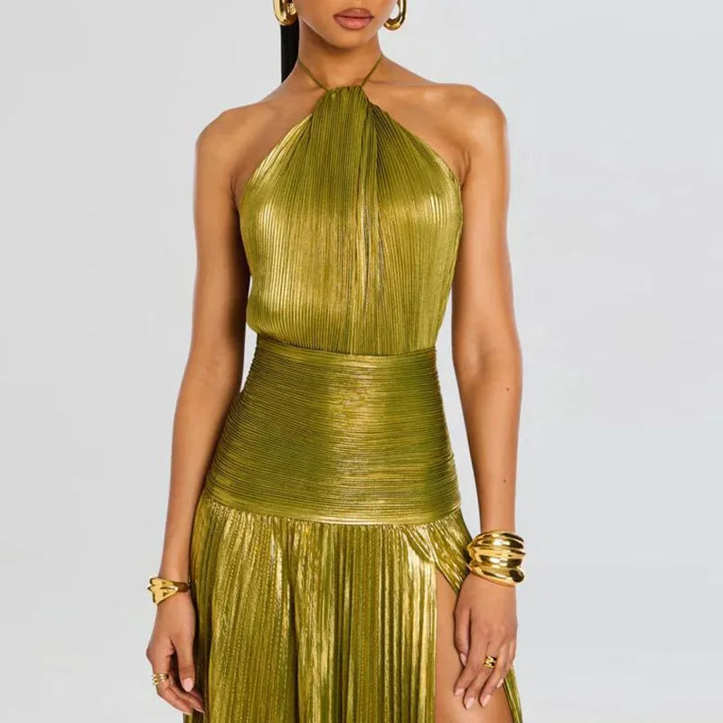 Vestido Largo Dorado Sexy Con Cuello Halter Abertura Alta Plisado