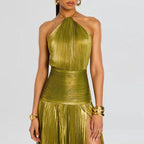 Vestido Largo Dorado Sexy Con Cuello Halter Abertura Alta Plisado