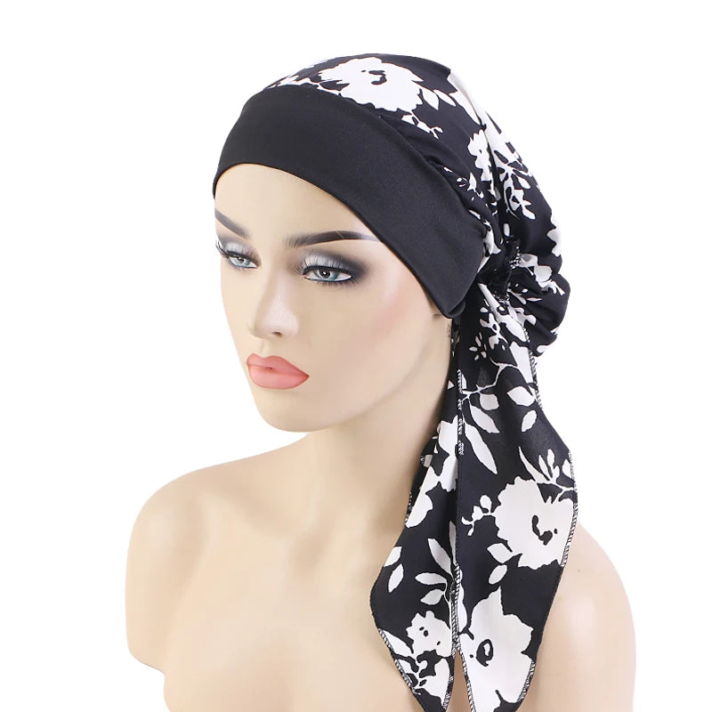 Nuevo pañuelo para la cabeza con estampado satinado para mujer, turbante musulmán elástico preatado, gorro para dormir para quimioterapia, cubierta para la pérdida de cabello, pañuelo para la cabeza