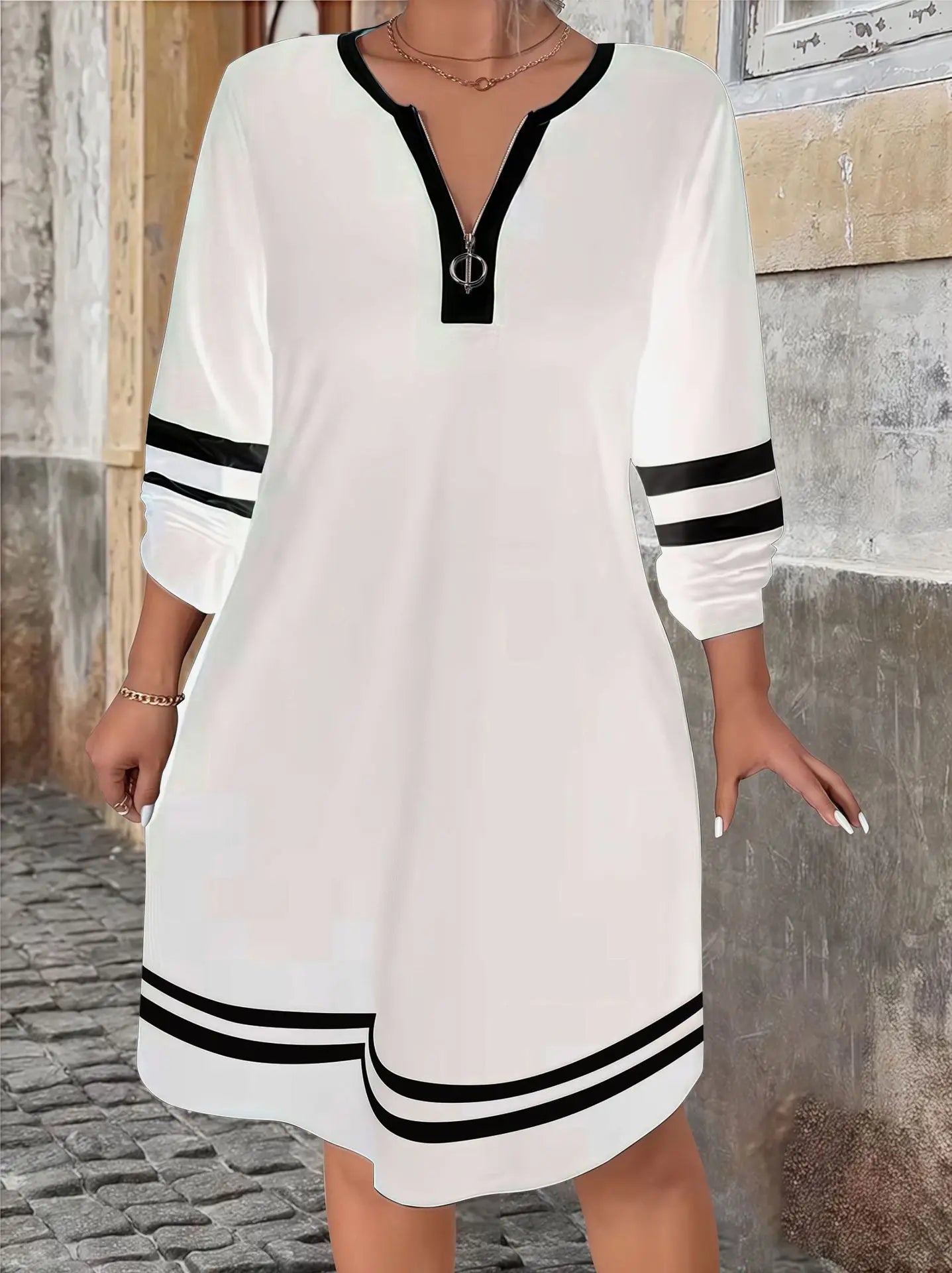 Vestido Negro con Cremallera y Cuello V | Elegante Holgado de Gran Tamaño | Manga Larga | Tico Trendy