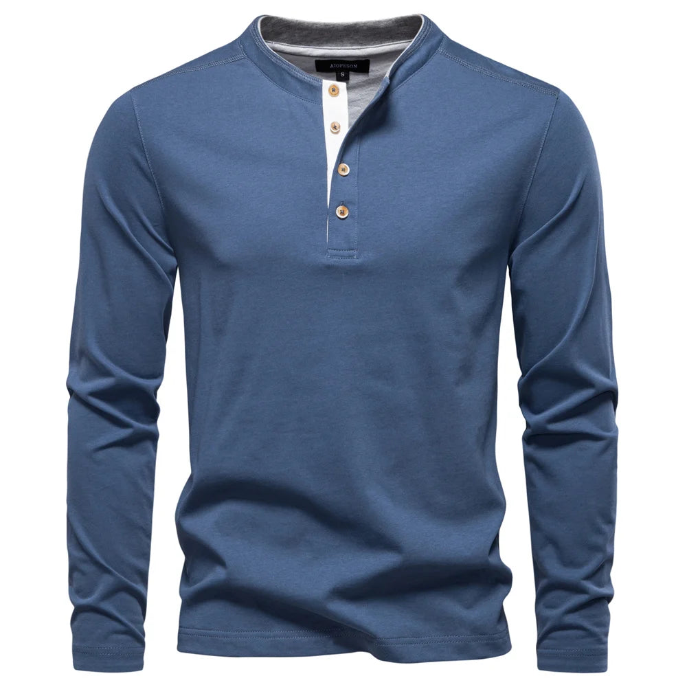 Camiseta Cuello Botón Algodón Hombre | Manga Larga Básica | Tallas S-XXL | Tico Trendy