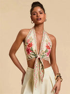 Top corto con cuello Halter y nudo frontal para mujer, Top Sexy sin mangas con estampado Floral y cuello en V, camiseta sin mangas con espalda descubierta, ropa Y2K
