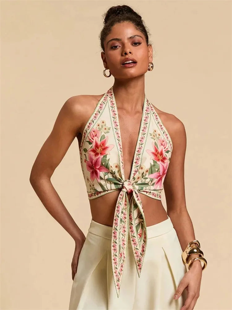 Top corto con cuello Halter y nudo frontal para mujer, Top Sexy sin mangas con estampado Floral y cuello en V, camiseta sin mangas con espalda descubierta, ropa Y2K