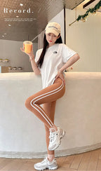 Leggings Piel Tiburón Raya Lateral | Cintura Alta Ajustado Casual | Mallas Deportivas PV | Ticotrendy