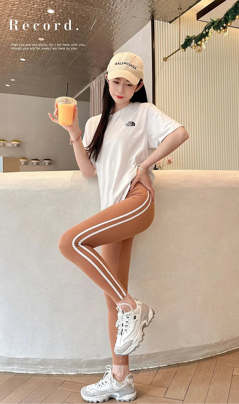 Leggings Piel Tiburón Raya Lateral | Cintura Alta Ajustado Casual | Mallas Deportivas PV | Ticotrendy