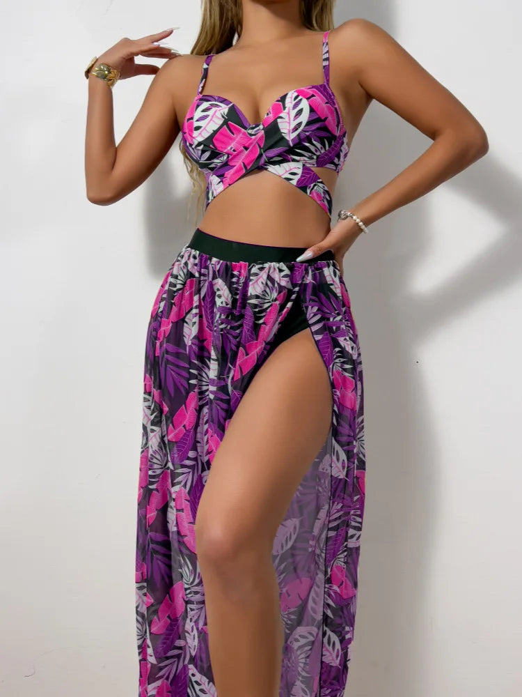 Bikini Sexy con Falda Larga de Malla - Conjunto de 3 Piezas para Playa