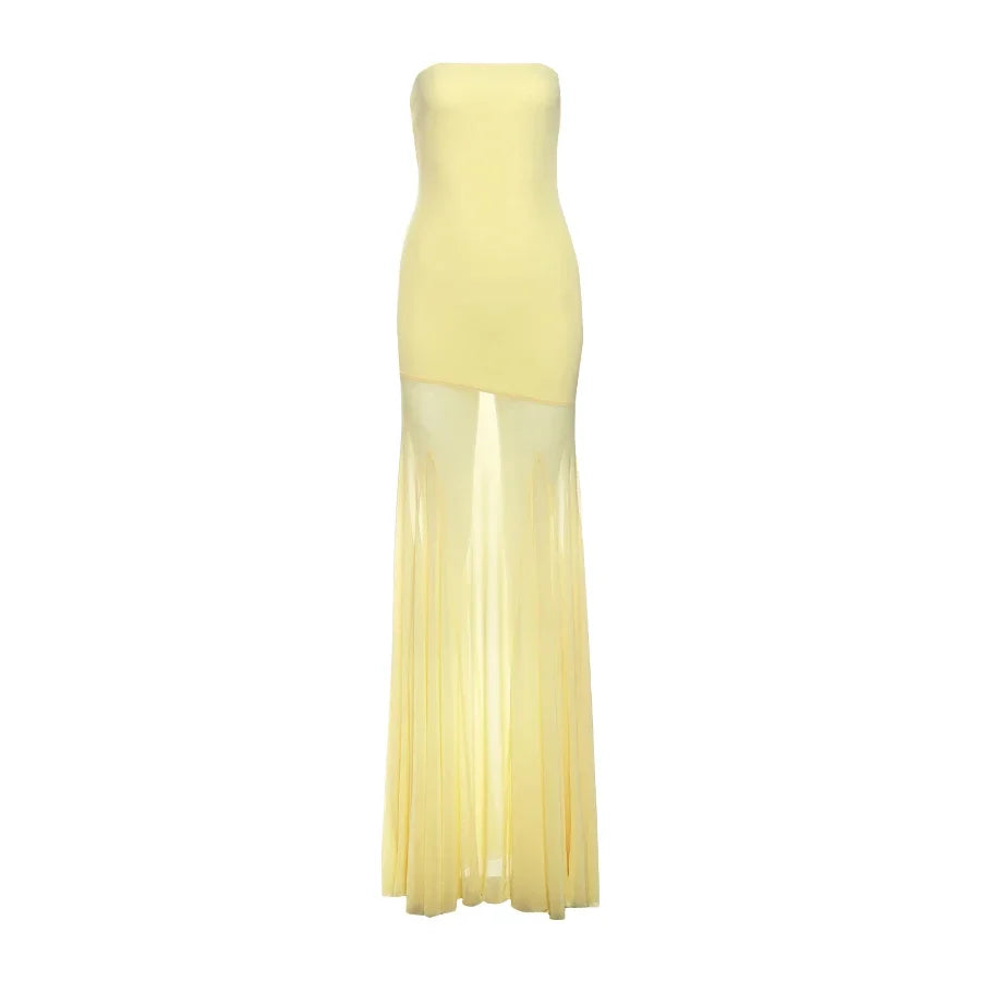 Vestido Patchwork Transparente 2025 | Plisado sin Tirantes | Espalda Descubierta | Banquete