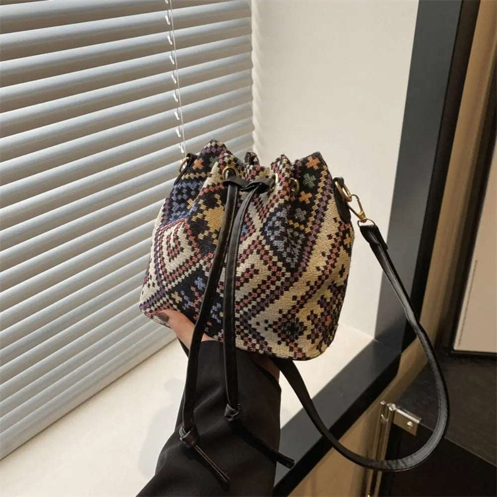 Bolso Tipo Cubo de Lino Floral Étnico para Mujer