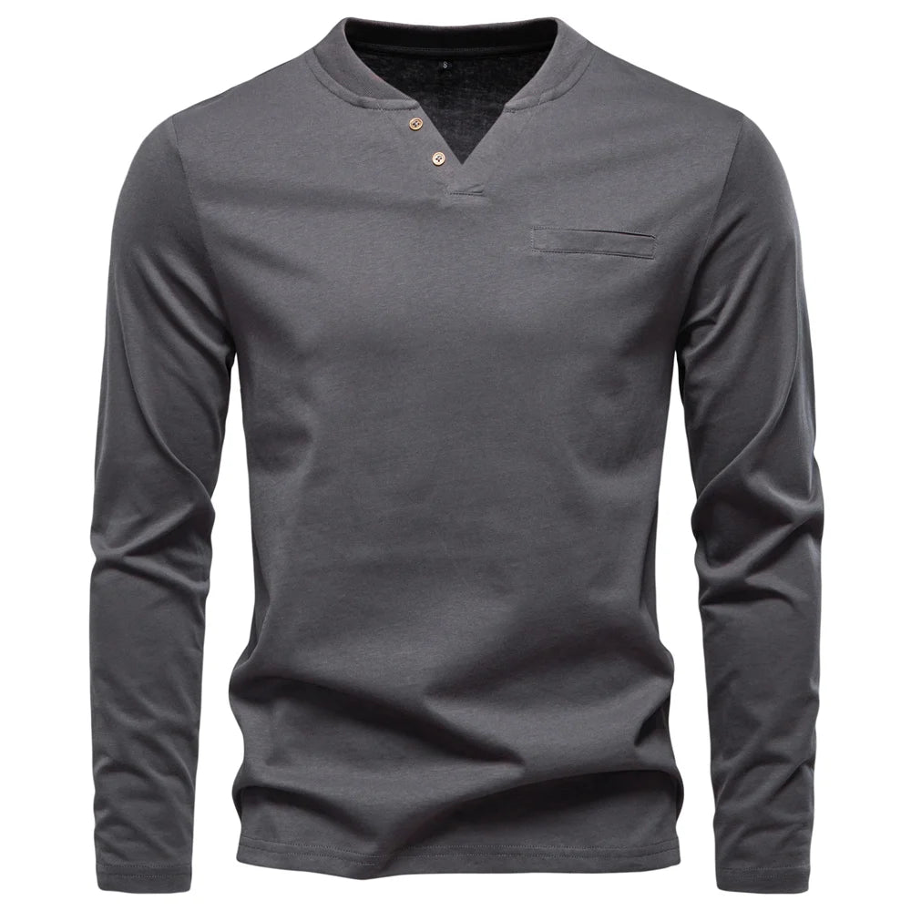 Camiseta Cuello Henley Algodón Hombre | Manga Larga Alta Calidad | Tallas S-XXL | Tico Trendy