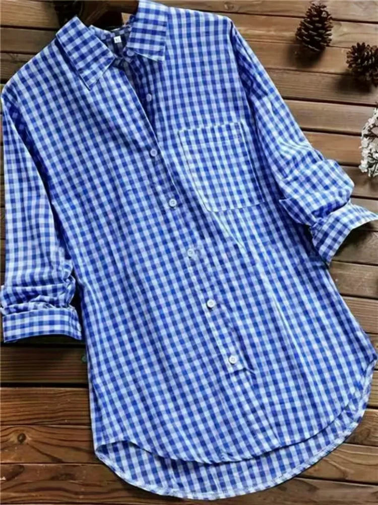 Camisa de Lino y Algodón a Cuadros Plus Size | Manga Larga Cuello V | Tallas 1XL-5XL | Tico Trendy
