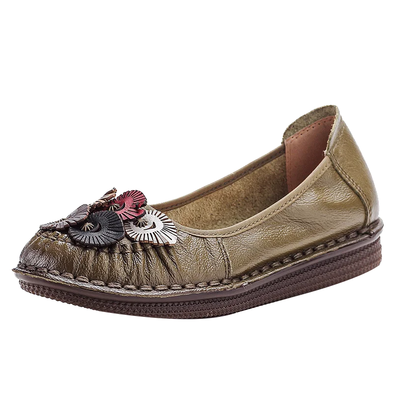 Mocasines Étnicos de Cuero Genuino para Mamá | Punta Redonda | Antideslizantes | Verano 2025