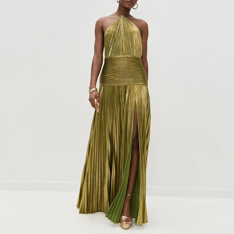 Vestido Largo Dorado Sexy Con Cuello Halter Abertura Alta Plisado