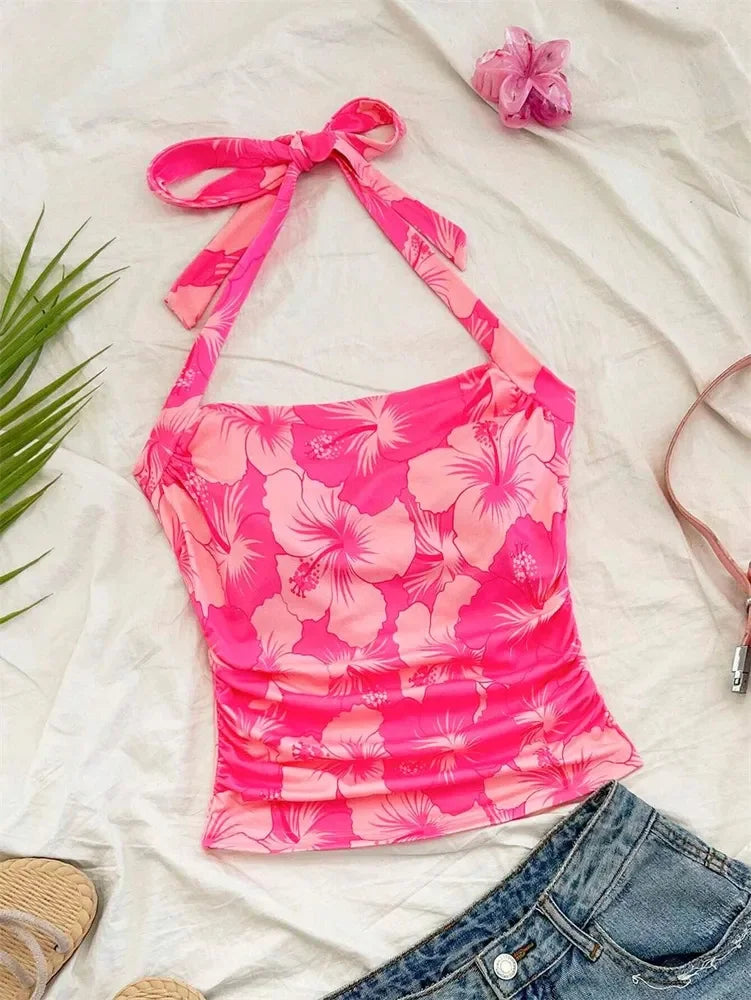 Top corto con cintura fruncida Floral para mujer, Top Sexy con estampado con dibujo de verano, camiseta sin mangas con cuello Halter y espalda descubierta, ropa de calle Y2K