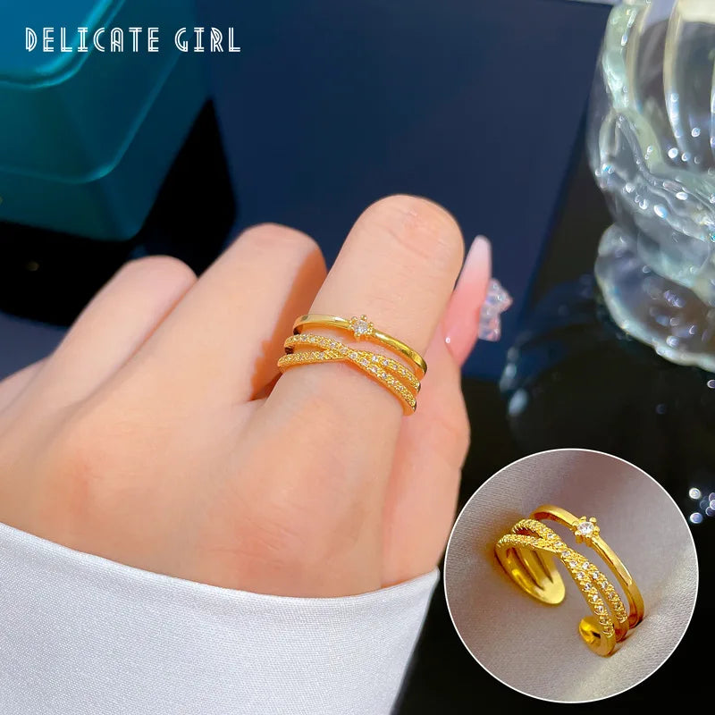 Anillos ajustables con forma de cruz de circón para mujer y niña, anillos de cobre de doble capa de Color dorado, accesorios para dedos, regalos