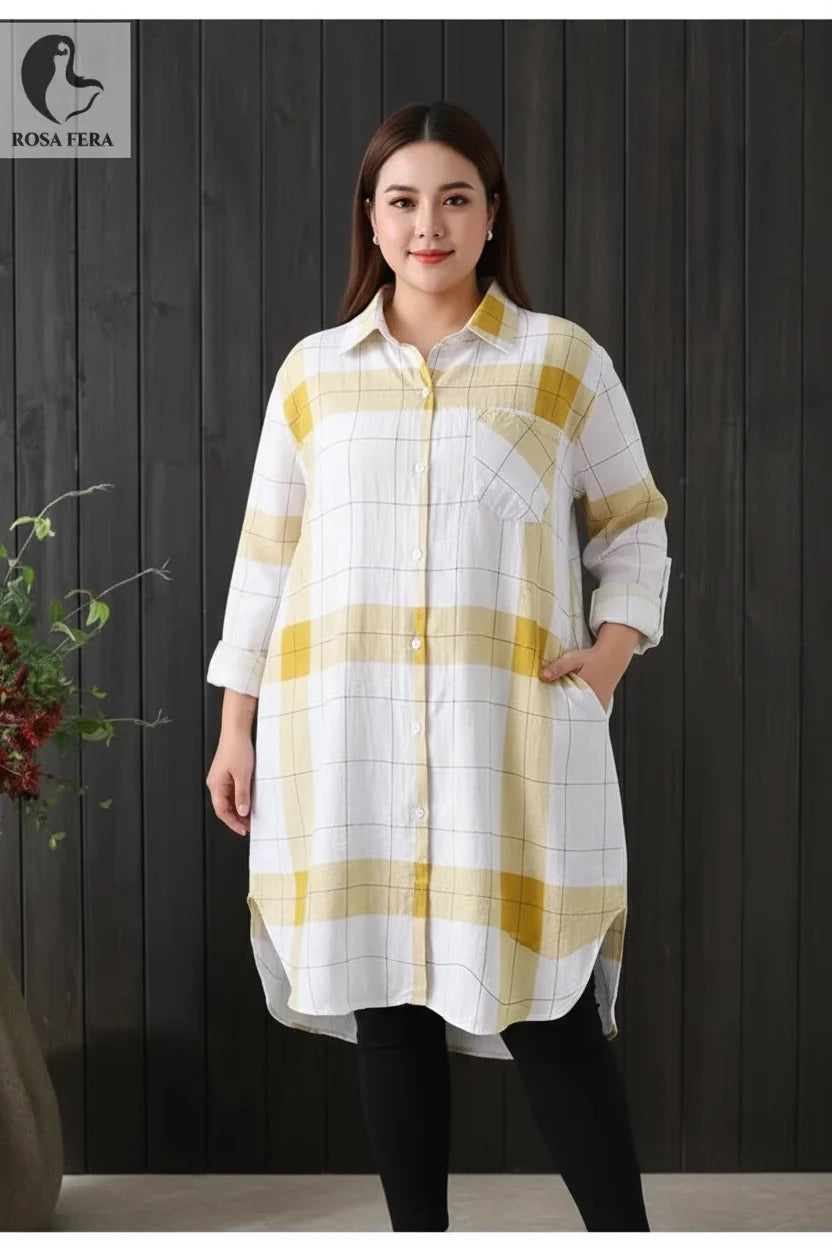 Blusa a Cuadros Manga Larga Plus Size | Camisa Holgada Elegante Otoño | Tallas 2XL-5XL | Tico Trendy