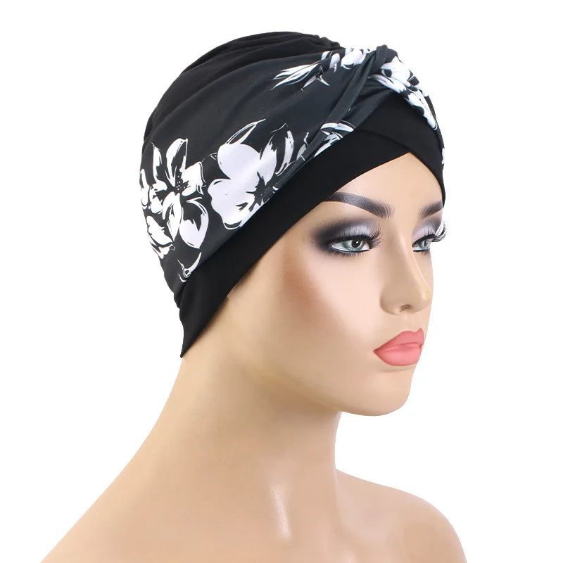 Nuevo turbante con estampado Floral y nudo torcido para mujer musulmana, Hijab, gorro para quimio, gorro elástico indio para mujer, pañuelo para la cabeza, gorro para la pérdida de cabello