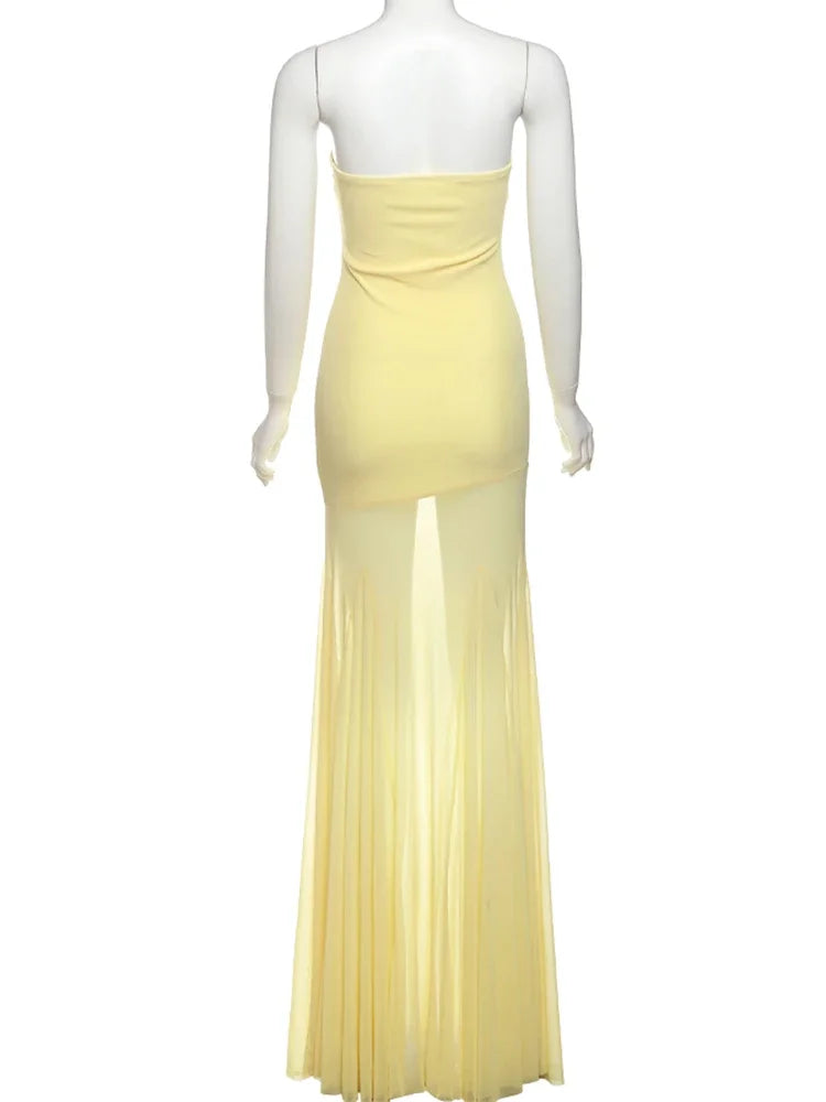 Vestido Patchwork Transparente 2025 | Plisado sin Tirantes | Espalda Descubierta | Banquete