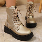 Botines Dorados de Plataforma | Cuña y Cordones | Mujer