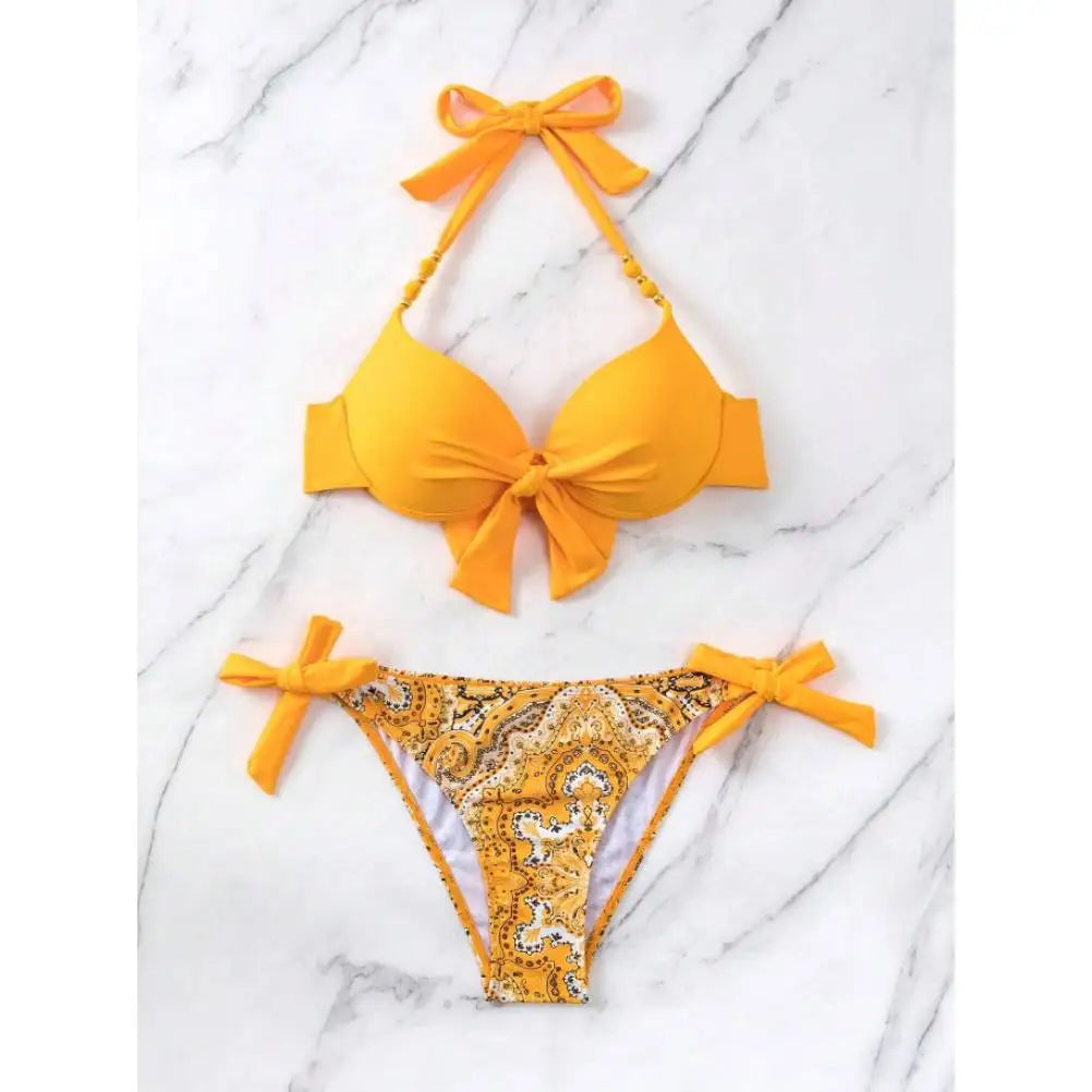 Bikini de Neón con Lazo Lateral y Estampado de Cachemira Push Up