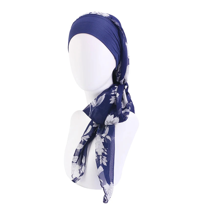Turbante elástico con estampado de flores para mujer musulmana, para la cabeza preatado Hijab, Bandana para la pérdida de cabello, bufanda para la cabeza, novedad