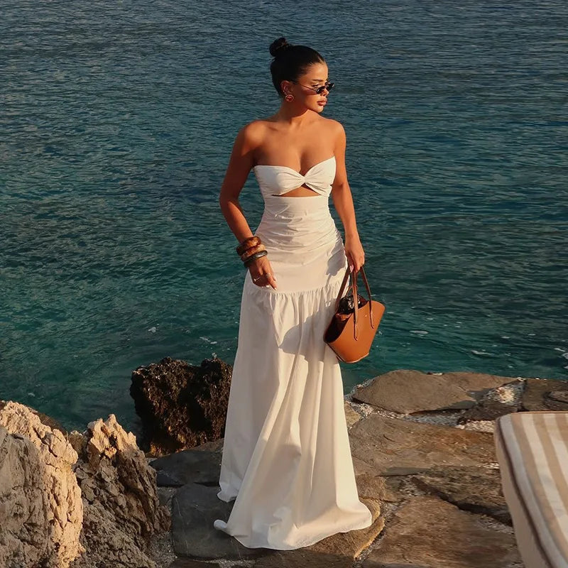 Vestido Plisado Sin Tirantes Hombros Descubiertos