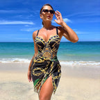 Traje de Baño Push Up con Falda - Estampado de Cadena para Playa y Piscina