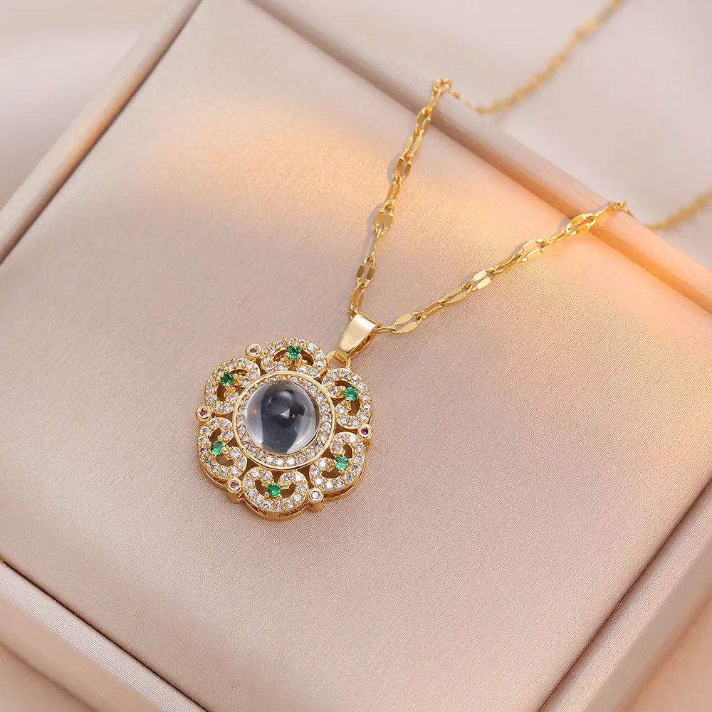 Collar Flor Circón Acero Inoxidable | Colgante Dorado Plateado | Joyería Femenina
