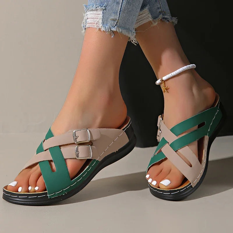 Zapatillas de Cuña con Tiras Cruzadas | Colores Combinados | Suela Suave Antideslizante | Talla 43
